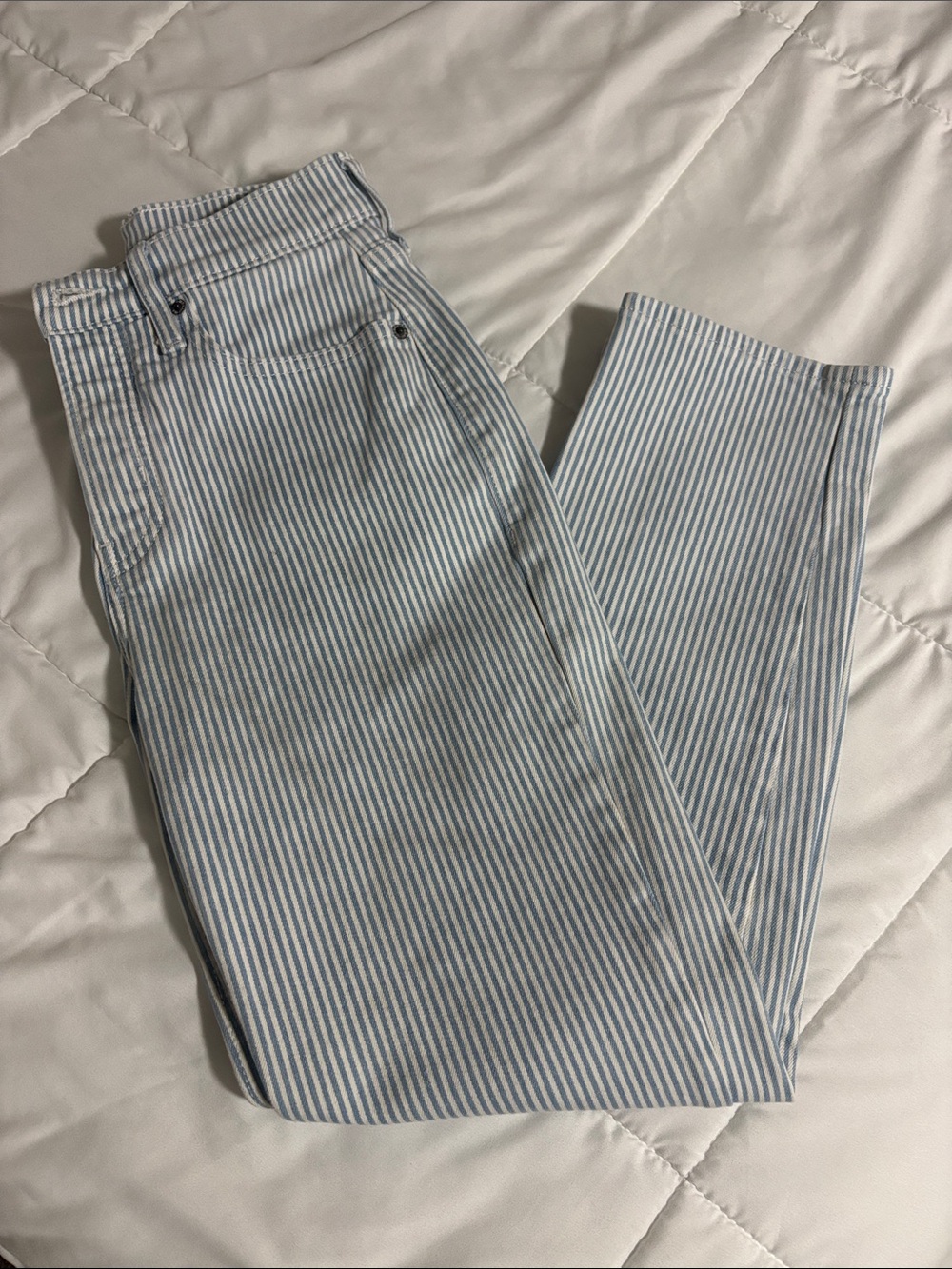 Light Blue and White Striped High-Waist Straight Jeans